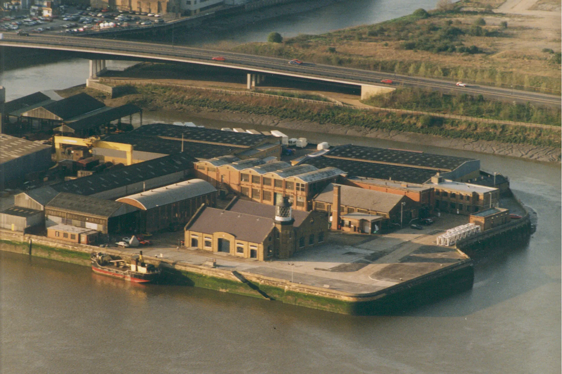 Vintage photograph of buildings and river