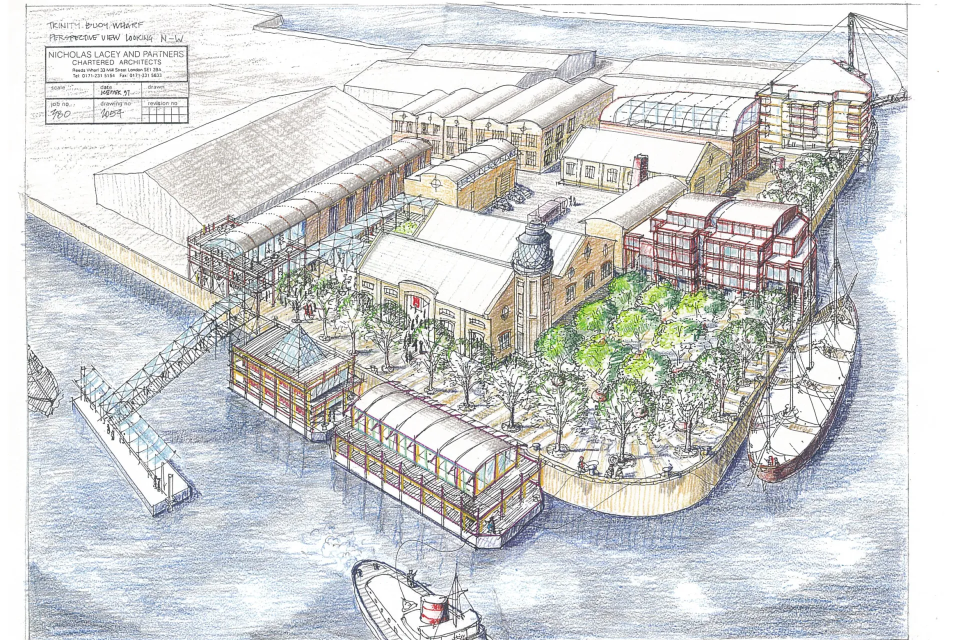 Drawing of buildings and trees surrounded by a river