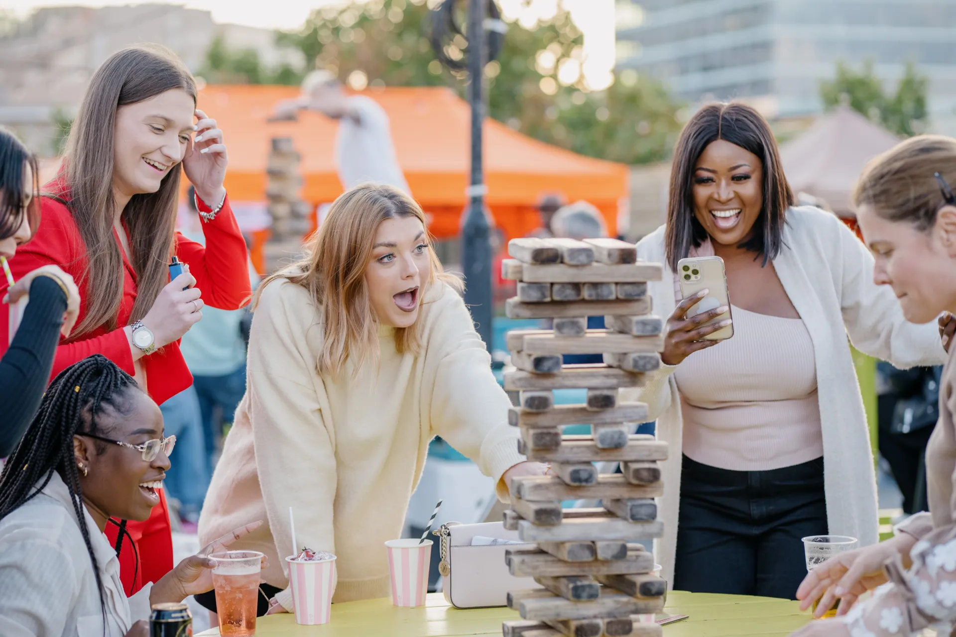 jenga playing group of girls